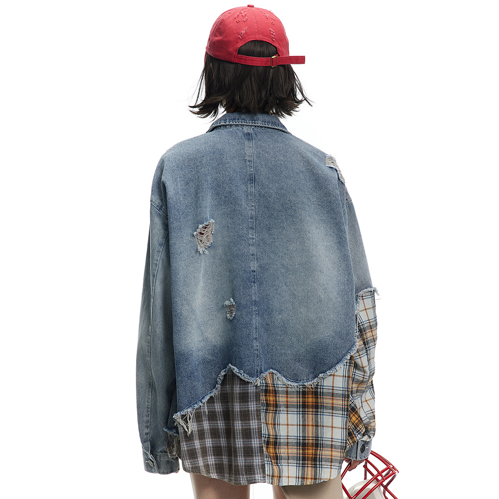 Irregular Stitching Plaid Denim Jacket
