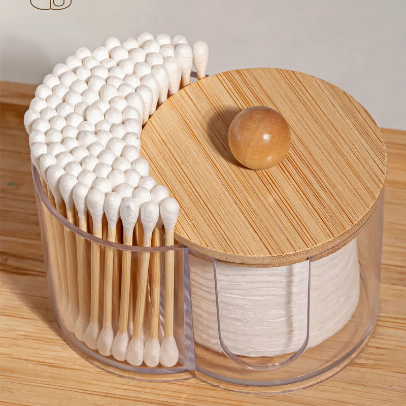 2-in-1 Bamboo-Lidded Cotton Swab Container