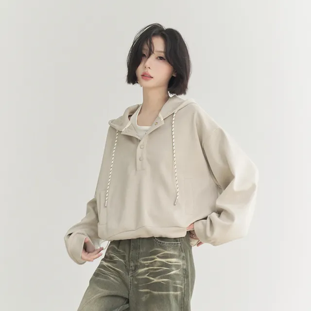 Drawstring At Hem Cropped Hoodie Women's Loose Top Khaki - Shop at LoveMi