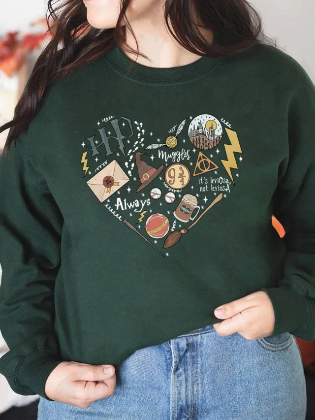 Digital Printing Sweater Hipster Round Neck Pullover Long Sleeve Sweater Women Green - Shop at LoveMi