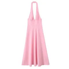 European And American Style Solid Colour Slim Fit Slimming Hanging Collar Midi Skirt Dress - View 1