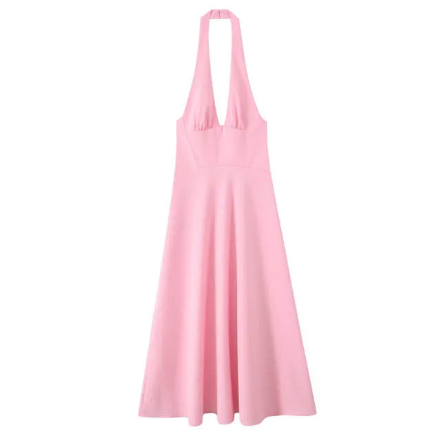 European And American Style Solid Color Slim Fit Slimming Hanging Collar Midi Skirt Dress - Shop at LoveMi