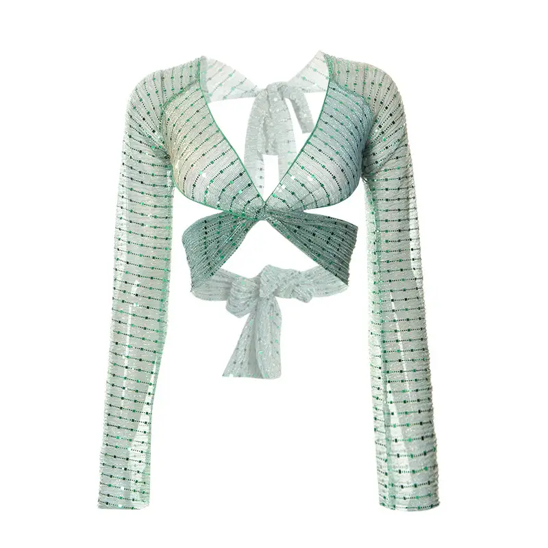 Pure Color Sequins Pullover Long Sleeve Tied Backless Gauzy