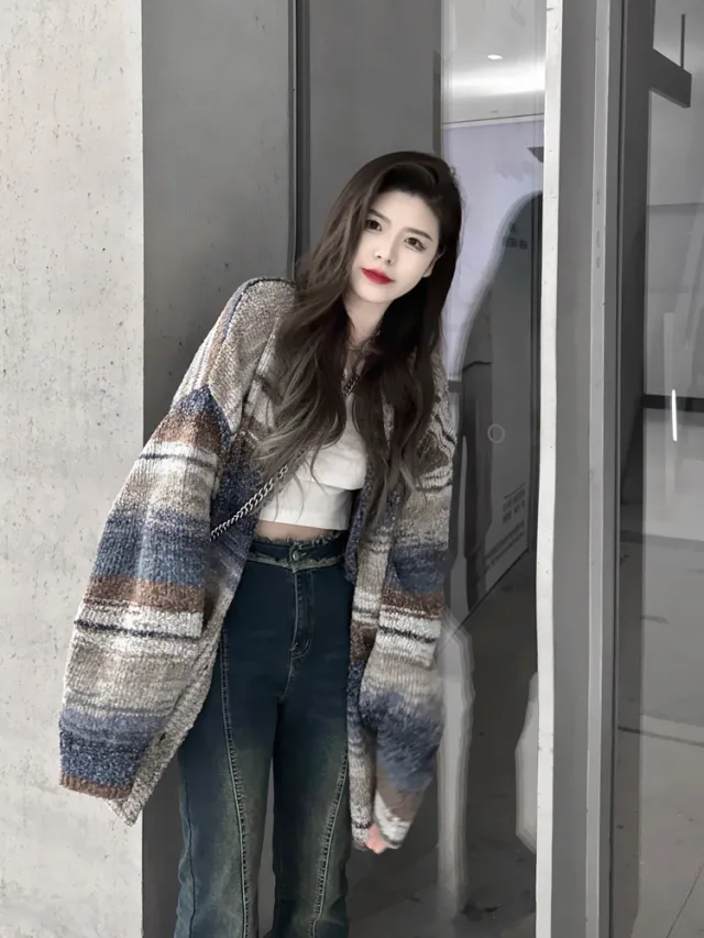Contrast Color Striped Cardigan Sweater Coat Autumn And Winter New Design Sense - Shop at LoveMi