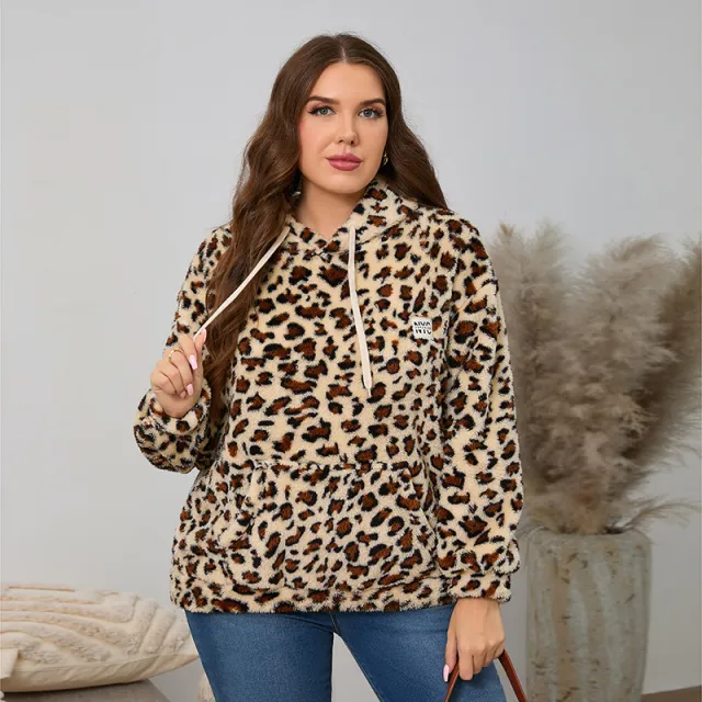 Loose Casual Long Sleeves Plush Large Pocket Top Leopard Print Yellow - Shop at LoveMi