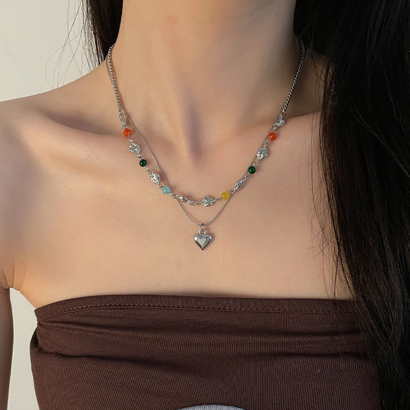 Color Round Beads Stitching Heart Necklace