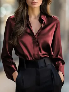 Solid Colour Fashion Elegant Long Sleeve Button Shirt Women's Clothing - Wine - View 1