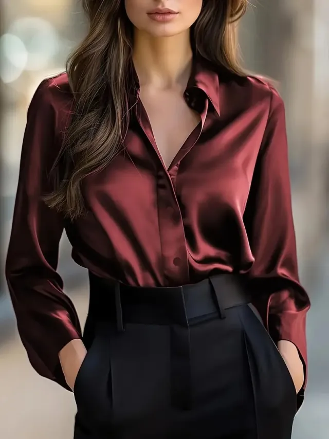 Solid Color Fashion Elegant Long Sleeve Button Shirt Women's Clothing Wine - Shop at LoveMi