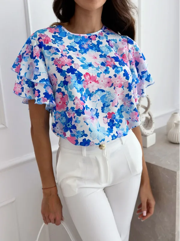 Printed Ruffle Sleeve Round Neck Simple Short Sleeve Blue - Shop at LoveMi