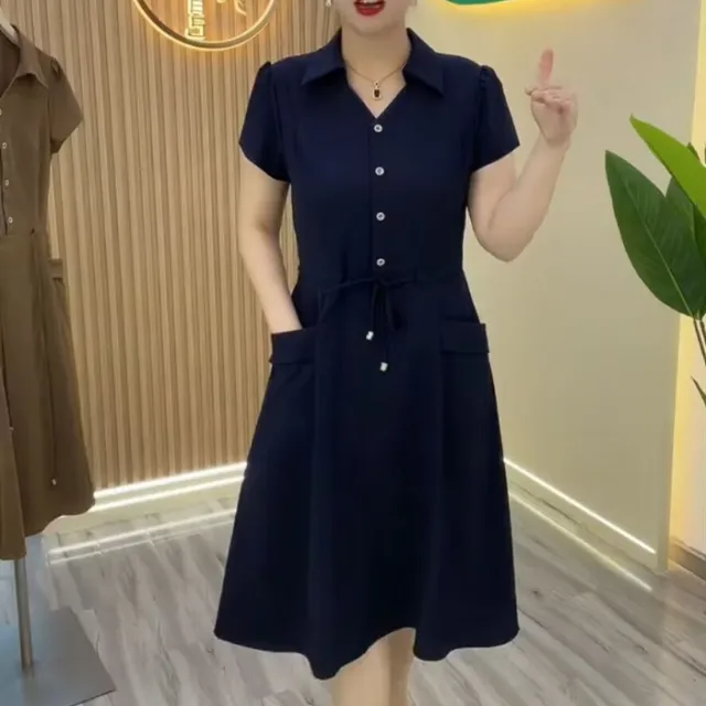 Mom Wear Plus Size Fashionable Stylish Short Sleeve Dress Navy Blue - Shop at LoveMi