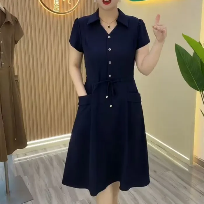 Mom Wear Plus Size Fashionable Stylish Short Sleeve Dress - Navy Blue