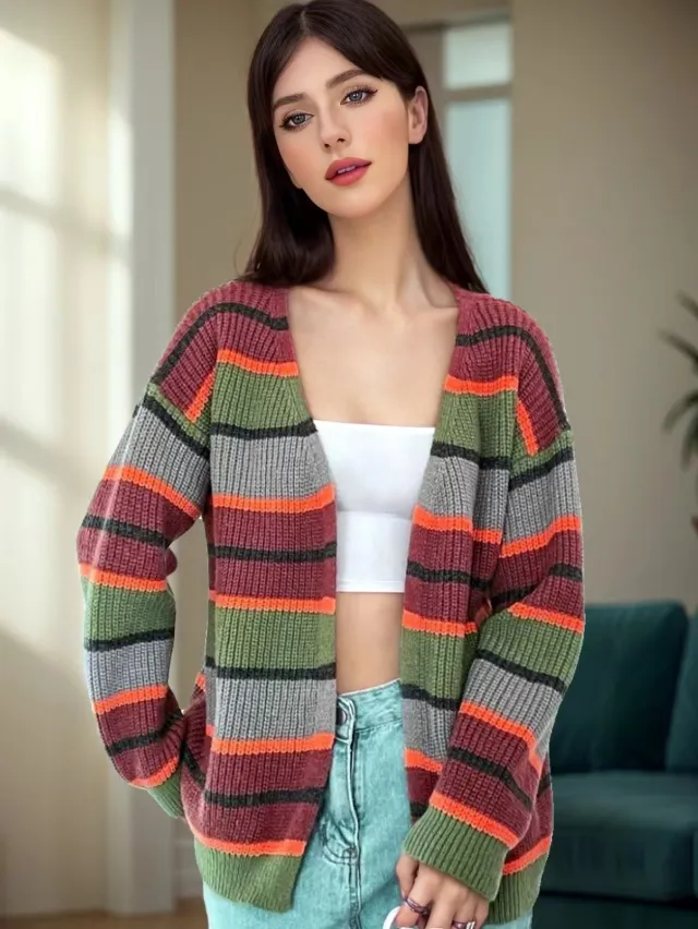 Fashion Women's Wear Striped Casual Cardigan Sweater Rouge Color M - Shop at LoveMi