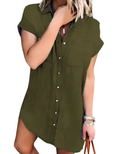 Fashion Solid Colour Women's Shirt Dress - Army Green - View 1