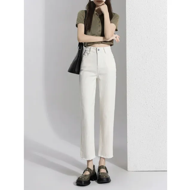 Women's Creamy white Denim Ankle length Pants Beige - Shop at LoveMi