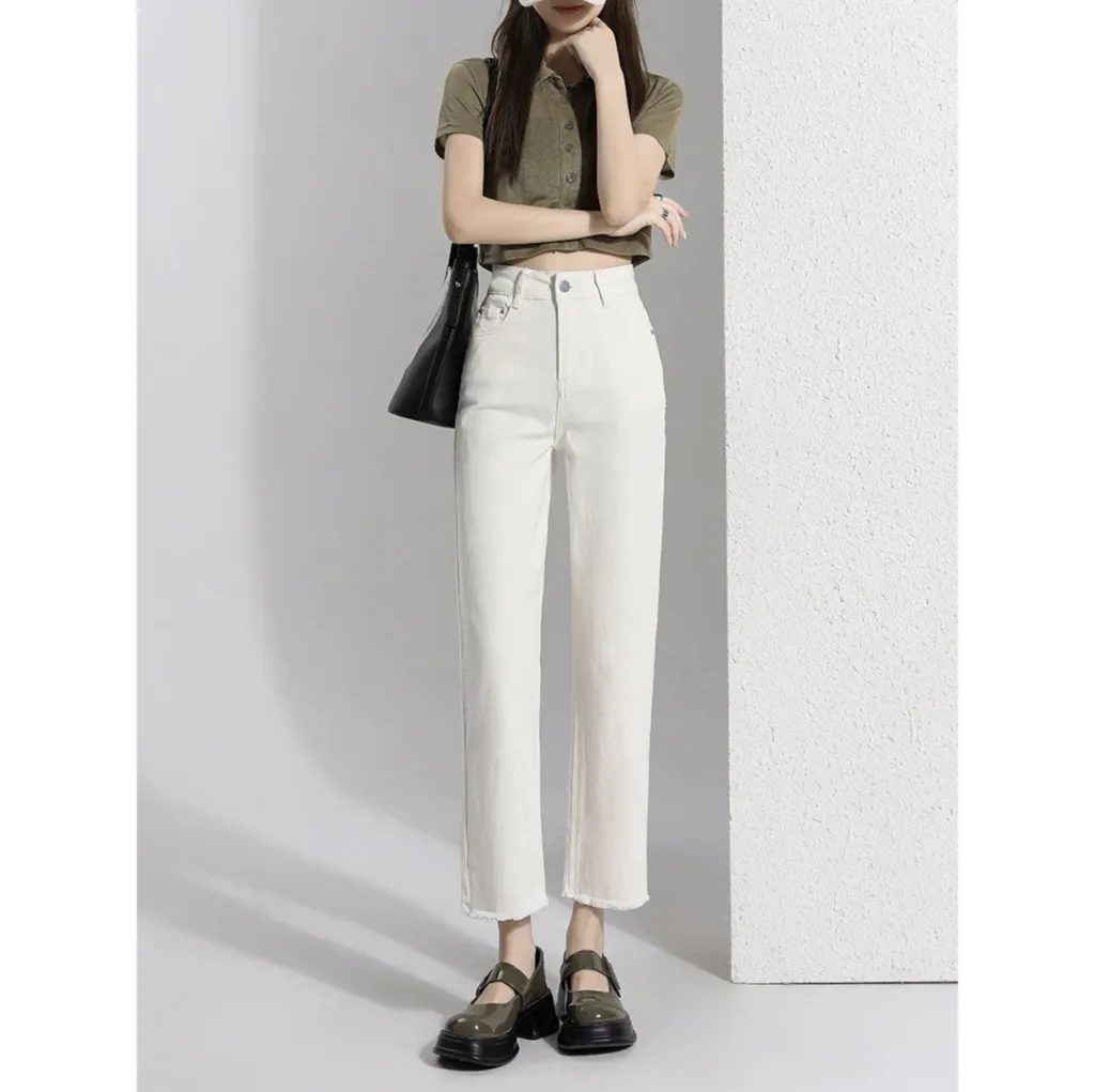 Women's Creamy-white Denim Ankle-length Pants - Beige