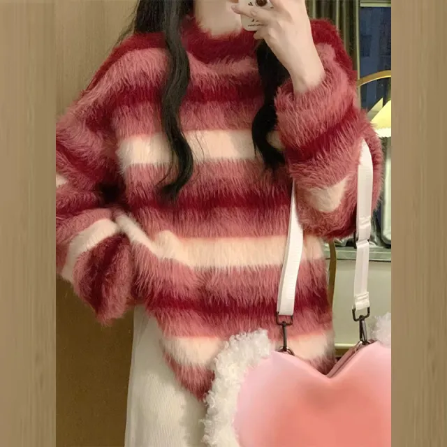 Striped Mink like Wool Soft Glutinous Mink Pullover Sweater Red - Shop at LoveMi