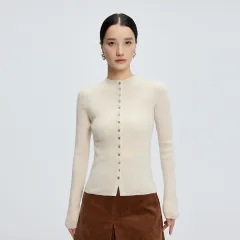 Half-high Collar Cashmere Cardigan Women's Slim-fit Short Sweater - Beige Apricot - View 1