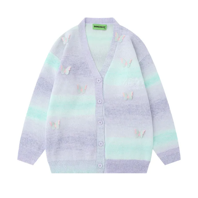 Gradient Rainbow Striped Knitted Cardigan Jacket Gradient Green - Shop at LoveMi