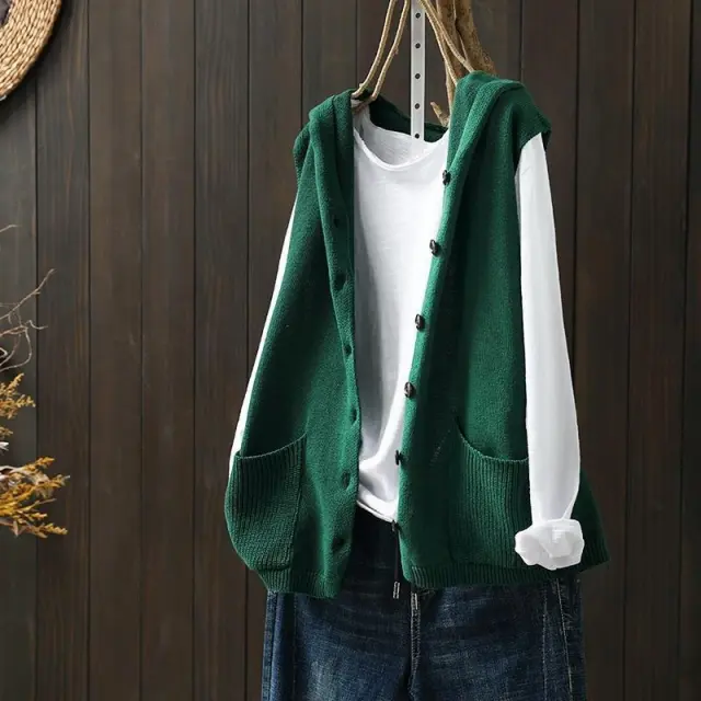 Hooded Knitted Vest Female Artistic Relaxed fit Casual Green - Shop at LoveMi