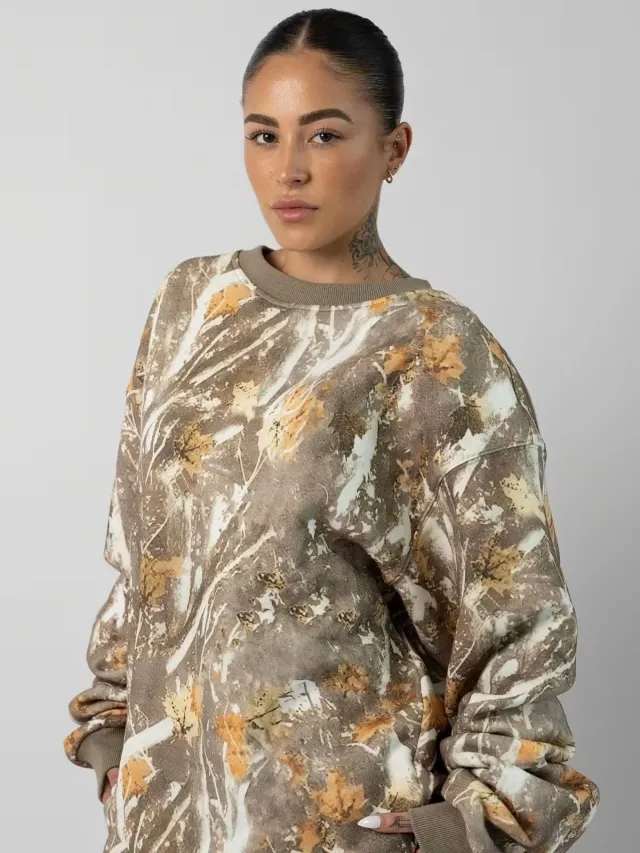 Camouflage Sweatshirt Maple Leaf Printed Crew Neck Sweatshirt Rnst4122403 Xs - Shop at LoveMi