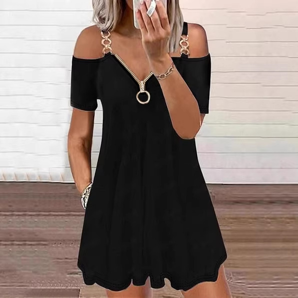 Womens Stylish Zip-up V-neck Off-shoulder Strap Dress