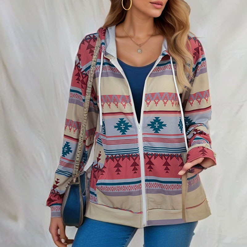 Women's Casual Geometric Loose Hooded Pocket Jacket