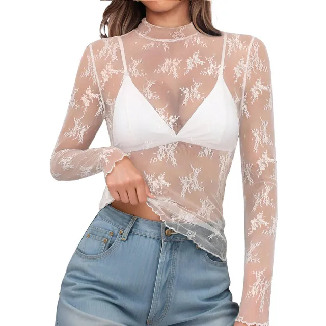 Women's Semi High Neck Sheer Long Sleeve TShirt Sexy Y2K Mesh Top Little Lace White - Shop at LoveMi