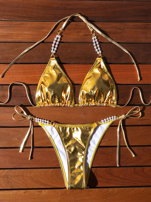 Bronzing Halter Lace up Bikini Pearl Chain Swimsuit Gold - Shop at LoveMi