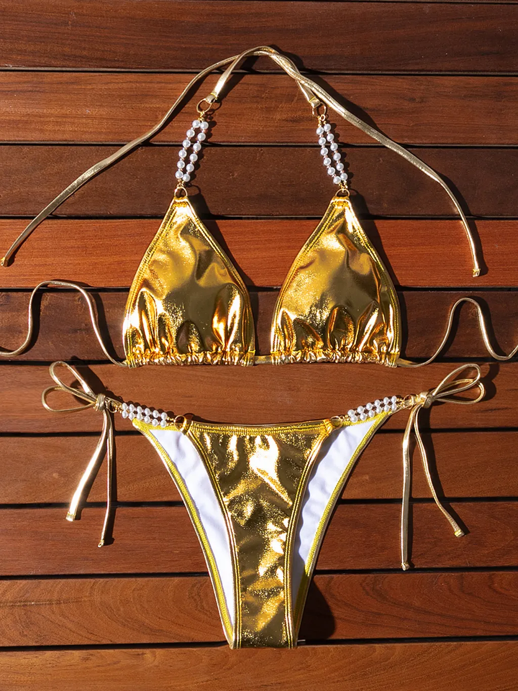 Bronzing Halter Lace-up Bikini Pearl Chain Swimsuit - Gold
