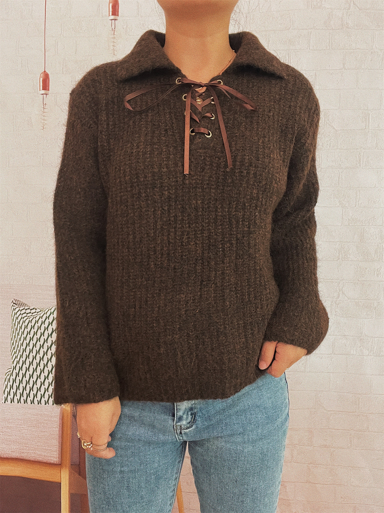 Simple Commute Lapel Tied Knitted Pullover Solid Color Loose Sweater