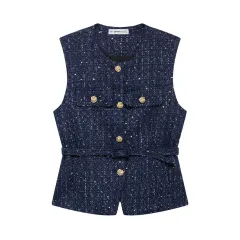 Spring New Casual Belt Vest Women's Clothing With Belt Texture Vest - Navy Blue - View 1