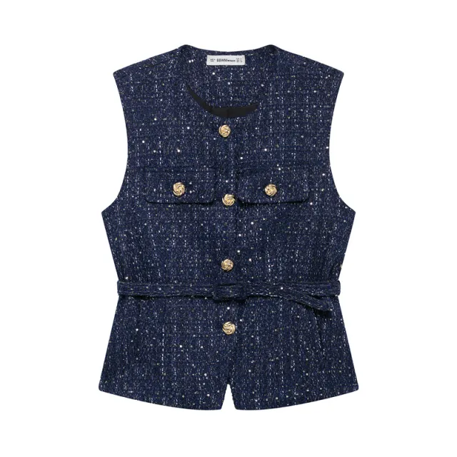 Spring New Casual Belt Vest Women's Clothing With Belt Texture Vest Navy Blue - Shop at LoveMi