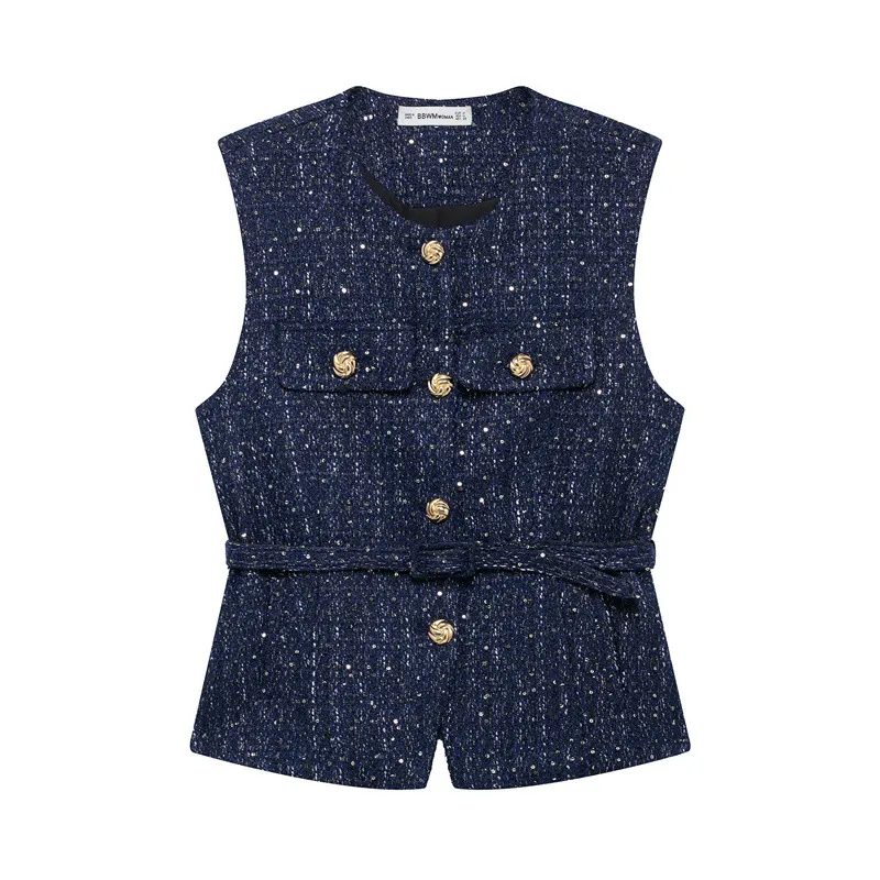 Spring New Casual Belt Vest Women's Clothing With Belt Texture Vest - Navy Blue