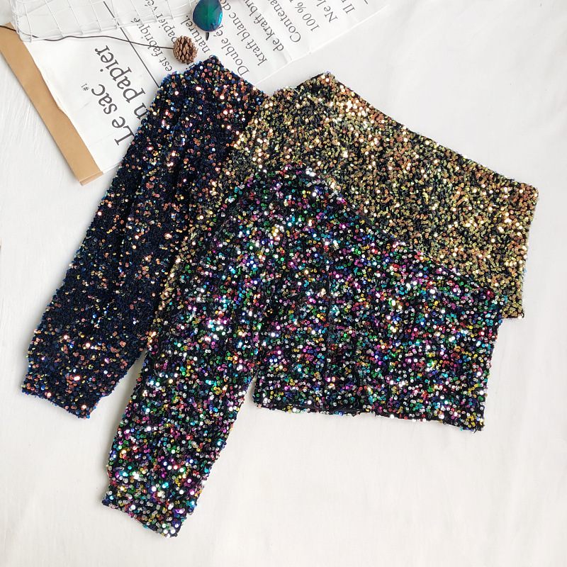 Versatile Slash-neck Off-shoulder Short Shirt With One-sided Puff Sleeves And Sparkling Sequins