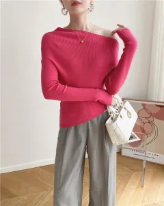 Autumn And Winter French Retro Cashmere Off-shoulder Irregular Top Two-piece Set - Top Rose Pink - View 1