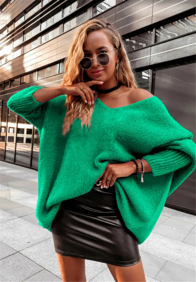 New Loose V neck Off shoulder Knitwear Casual Green - Shop at LoveMi