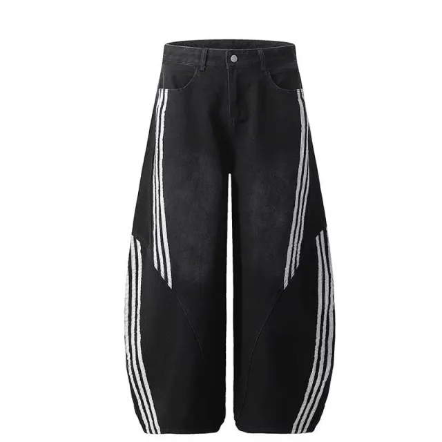 American style Retro Streetwear Hip hop Striped Denim Wide leg Pants Black - Shop at LoveMi