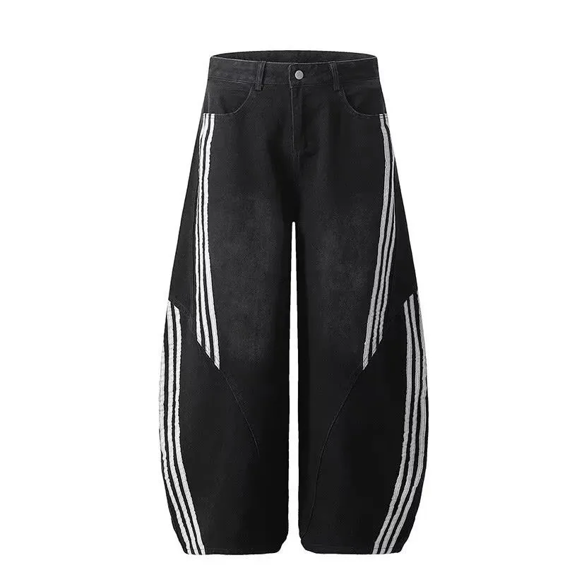 American-style Retro Streetwear Hip-hop Striped Denim Wide-leg Pants - Black