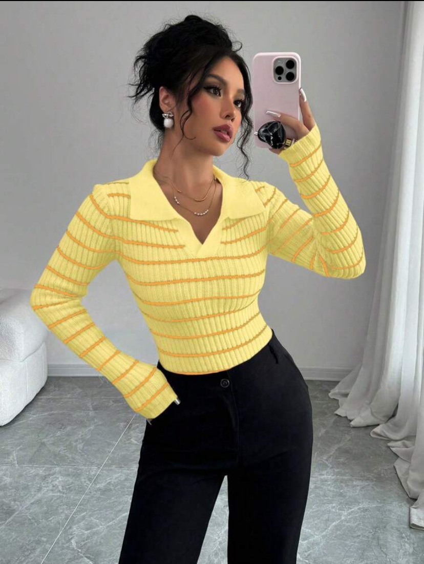 Striped Long Sleeve T-shirt Slim Fit Base Knitting Women - Image 2