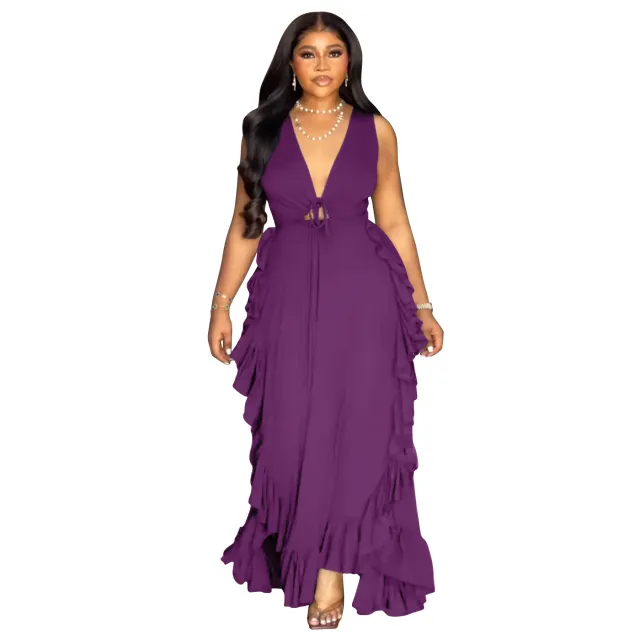 Ruffled High Waist Crop top Spaghetti strap Plus Size Dress Purple - Shop at LoveMi
