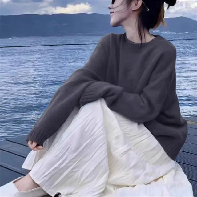 Soft Glutinous Thick Round Neck Knitwear Korean Style Gray - Shop at LoveMi