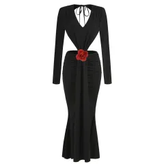 Sexy V-neck Backless Long Sleeves Skirt Waist Decorative Flower Split Fishtail Gown Dress Long - Black - View 1