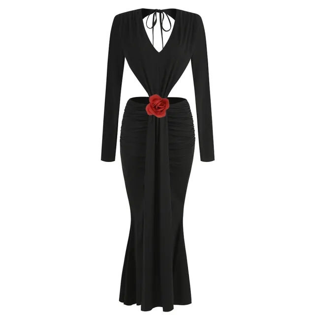 Sexy V neck Backless Long Sleeves Skirt Waist Decorative Flower Split Fishtail Gown Dress Long Black - Shop at LoveMi