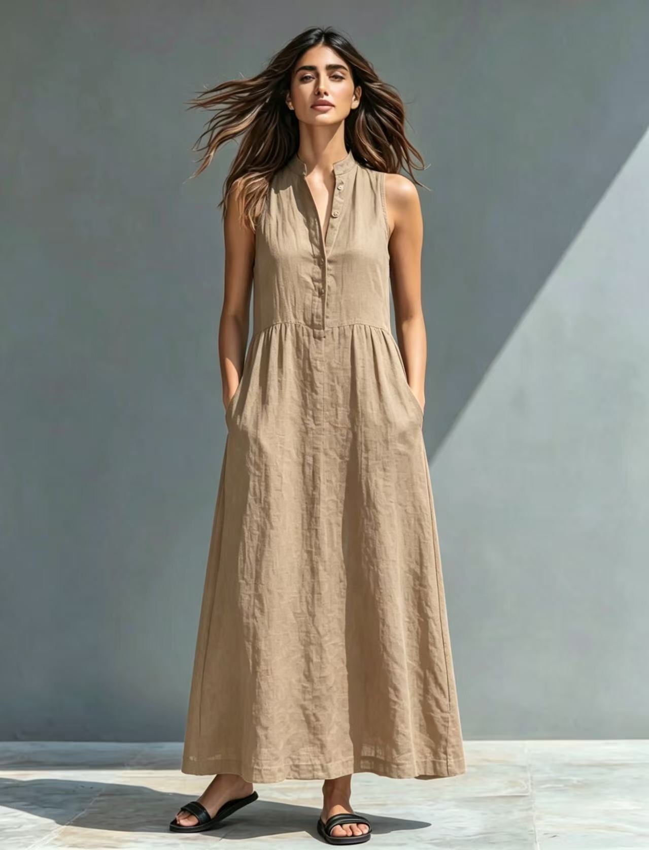 Women's Stand-Collar Maxi Dress in Khaki – casual vacation beach dress