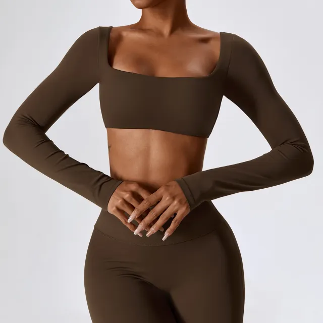 Long Sleeve Yoga Wear Outdoor Running Exercise T shirt Coffee - Shop at LoveMi