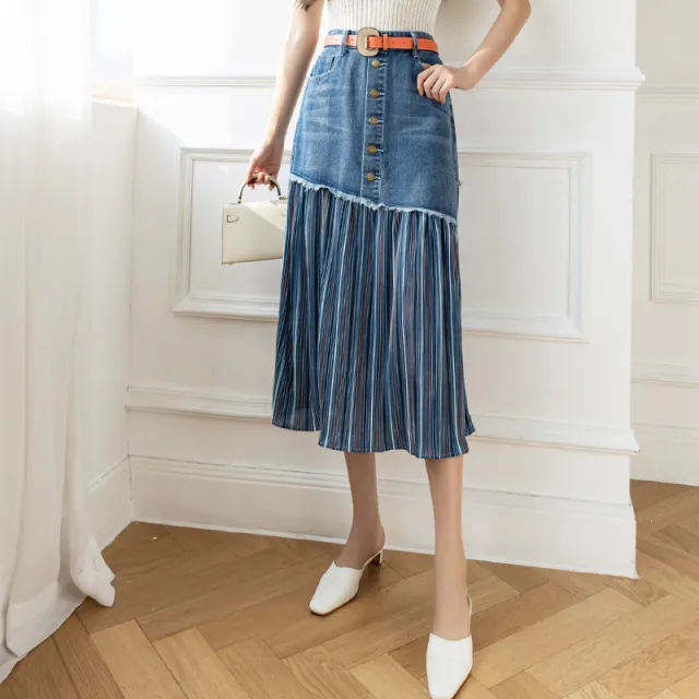 Plus Size Sister Plus Size High Waist Denim Skirt Stitching Blue - Shop at LoveMi