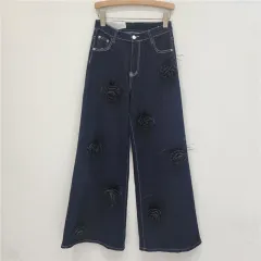 European And American Niche Three-dimensional Feather Rose Flower Jeans - Blue - View 1