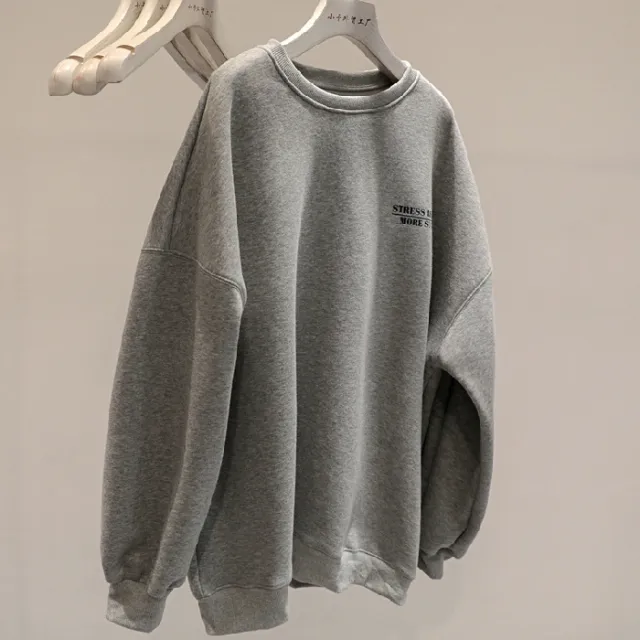Fleece lined Thick Lazy Round Neck Loose Sweatshirt Women Gray - Shop at LoveMi