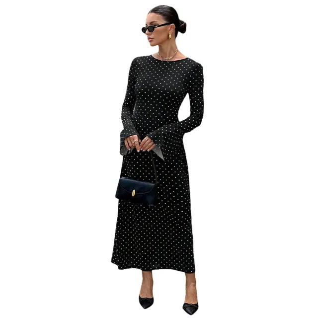 Socialite style Black Polka dot Dress For Women Autumnwinter Long sleeve Ultra low Back Figure hugging With Tie back Detail And Maxi Length Black - Shop at LoveMi