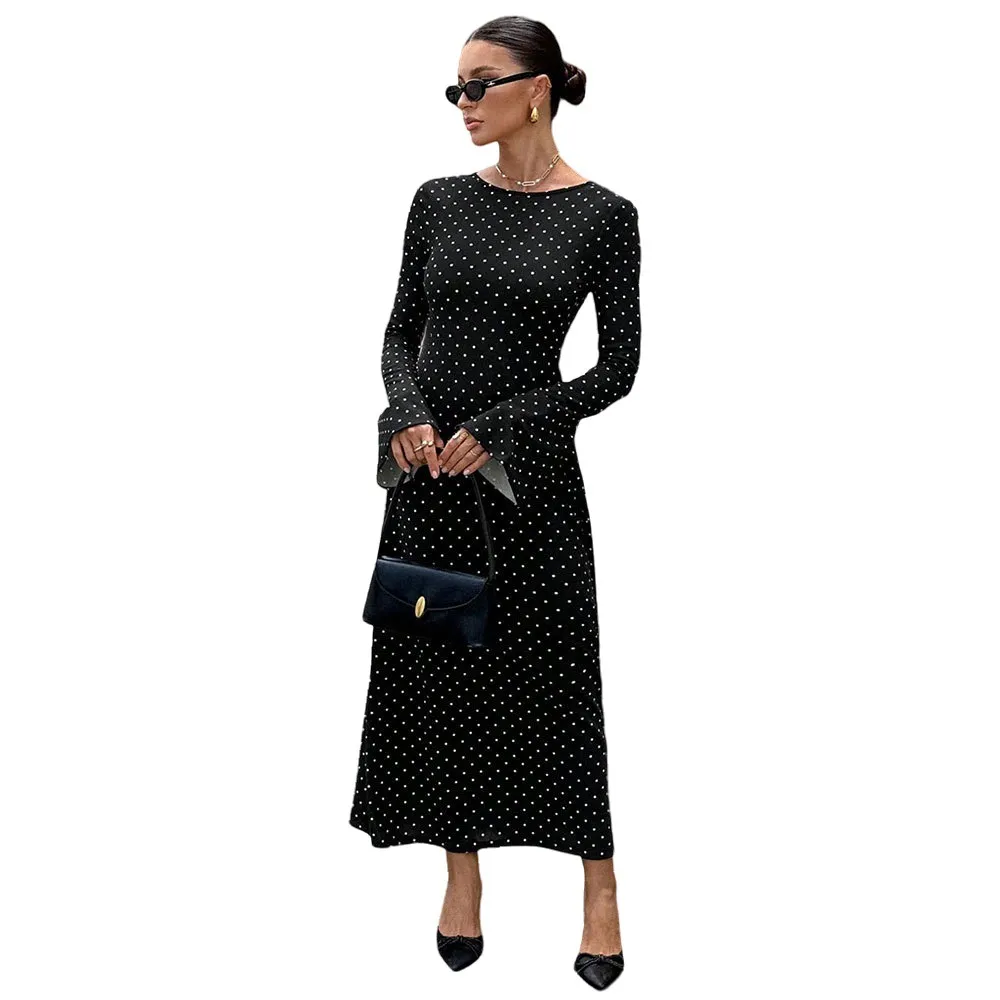 Socialite-style Black Polka-dot Dress For Women Autumnwinter Long-sleeve Ultra-low Back Figure-hugging With Tie-back Detail And Maxi Length - Black